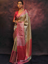 Banarasee Handwoven Broad Border Zari Jaal Design Tissue Saree-Gold & Pink