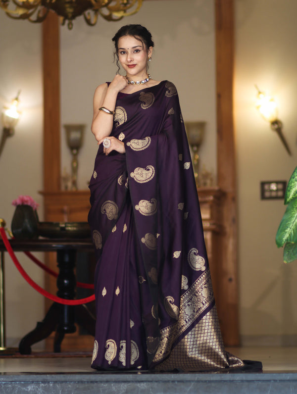 Banarasee Handloom Dual Tone Semi Silk Saree With Gold Zari Buta Design-Purple