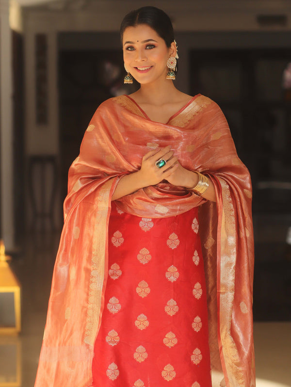 Banarasee Chanderi Zari Buti Salwar Kameez Fabric With Tissue Dupatta-Red