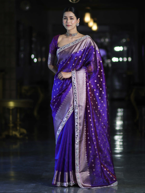 Banarasee Handloom Tissue Saree With Buti Design Zari Border & Lace-Violet