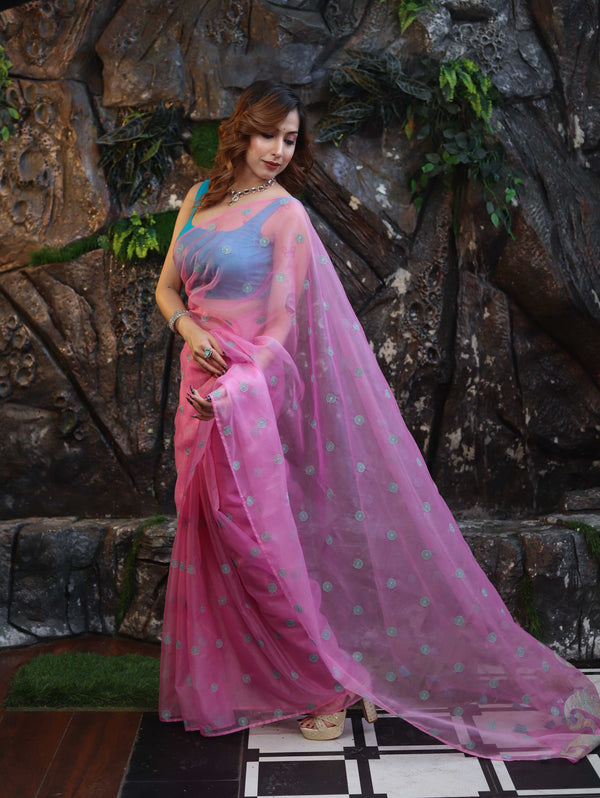 Banarasee Organza Mix Saree With Hand Embroidered Buta Work & Pallu-Light Pink