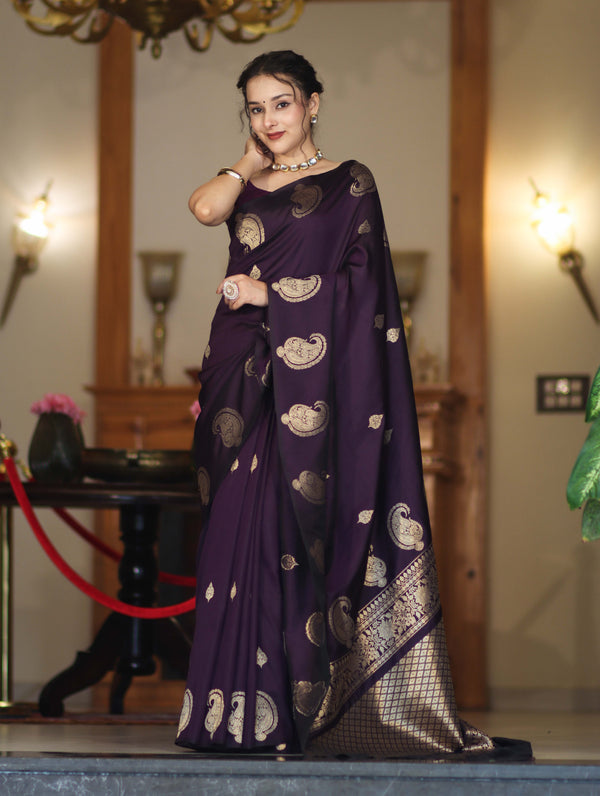 Banarasee Handloom Dual Tone Semi Silk Saree With Gold Zari Buta Design-Purple