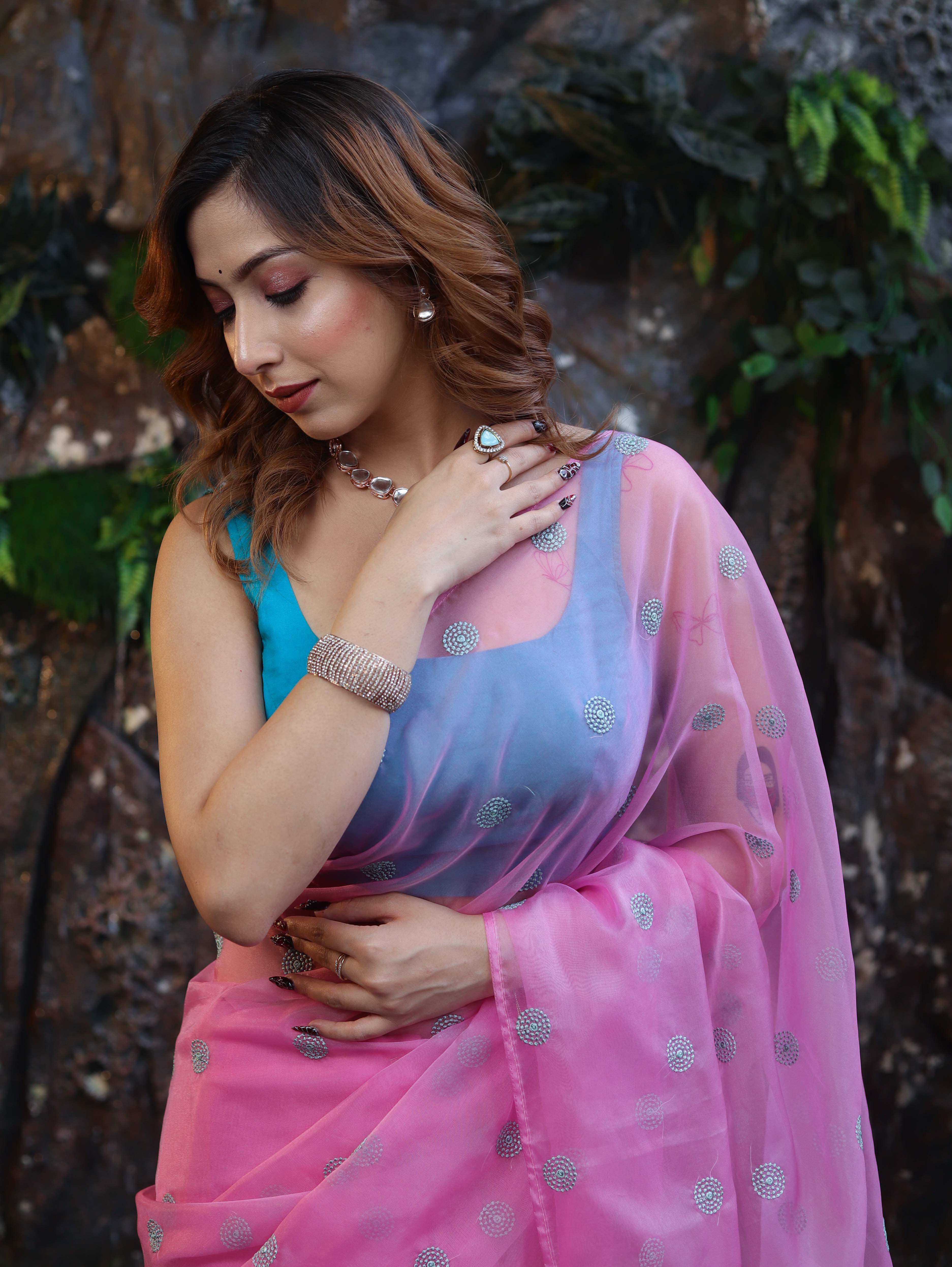 Banarasee Organza Mix Saree With Hand Embroidered Buta Work & Pallu-Light Pink