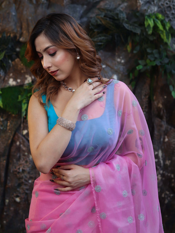 Banarasee Organza Mix Saree With Hand Embroidered Buta Work & Pallu-Light Pink