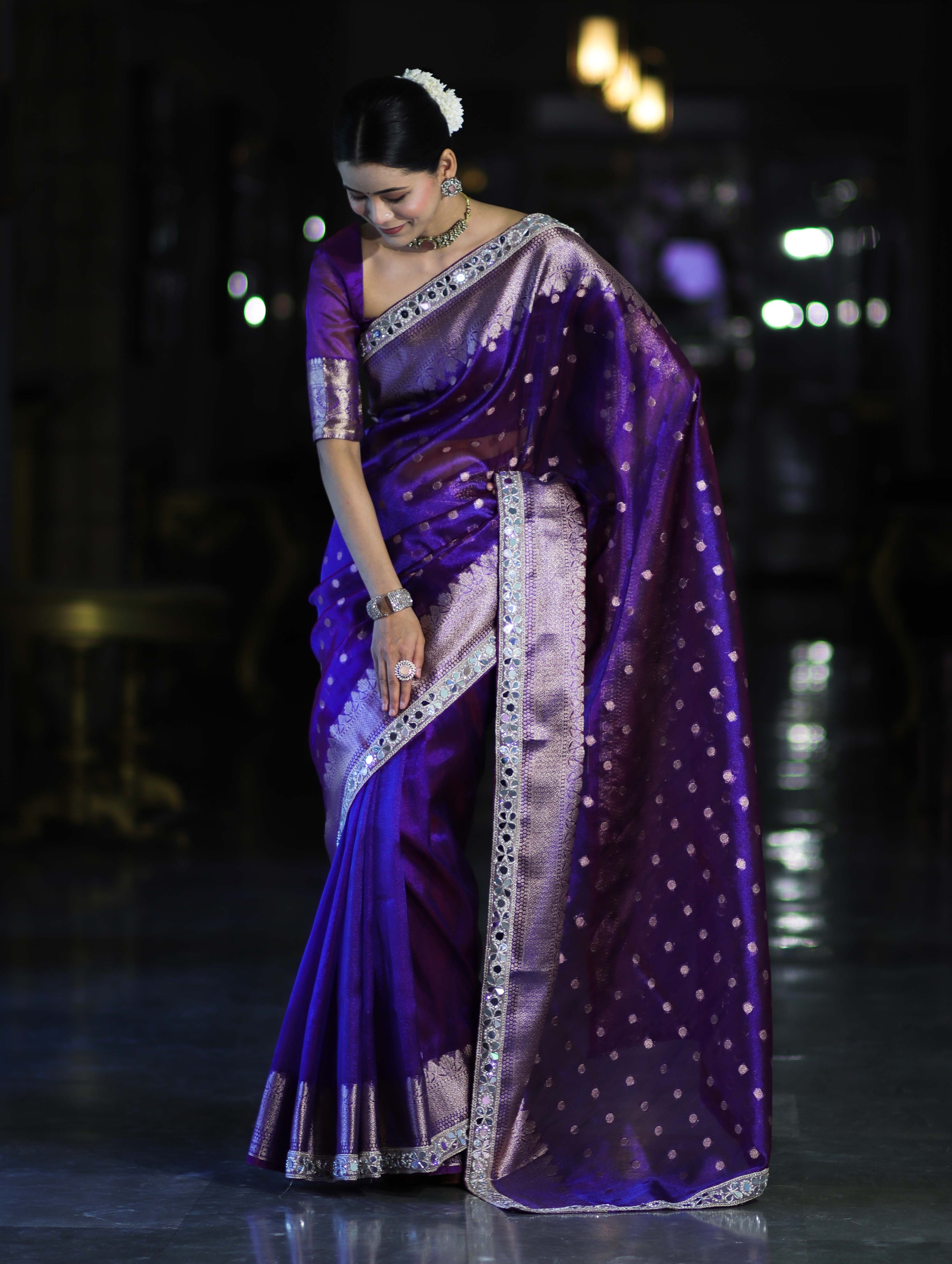 Banarasee Handloom Tissue Saree With Buti Design Zari Border & Lace-Violet