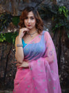 Banarasee Organza Mix Saree With Hand Embroidered Buta Work & Pallu-Light Pink