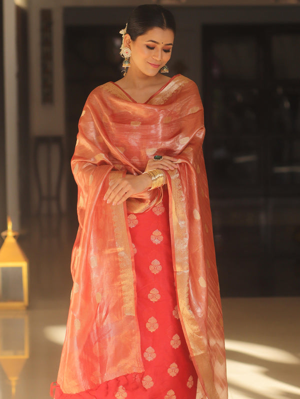 Banarasee Chanderi Zari Buti Salwar Kameez Fabric With Tissue Dupatta-Red