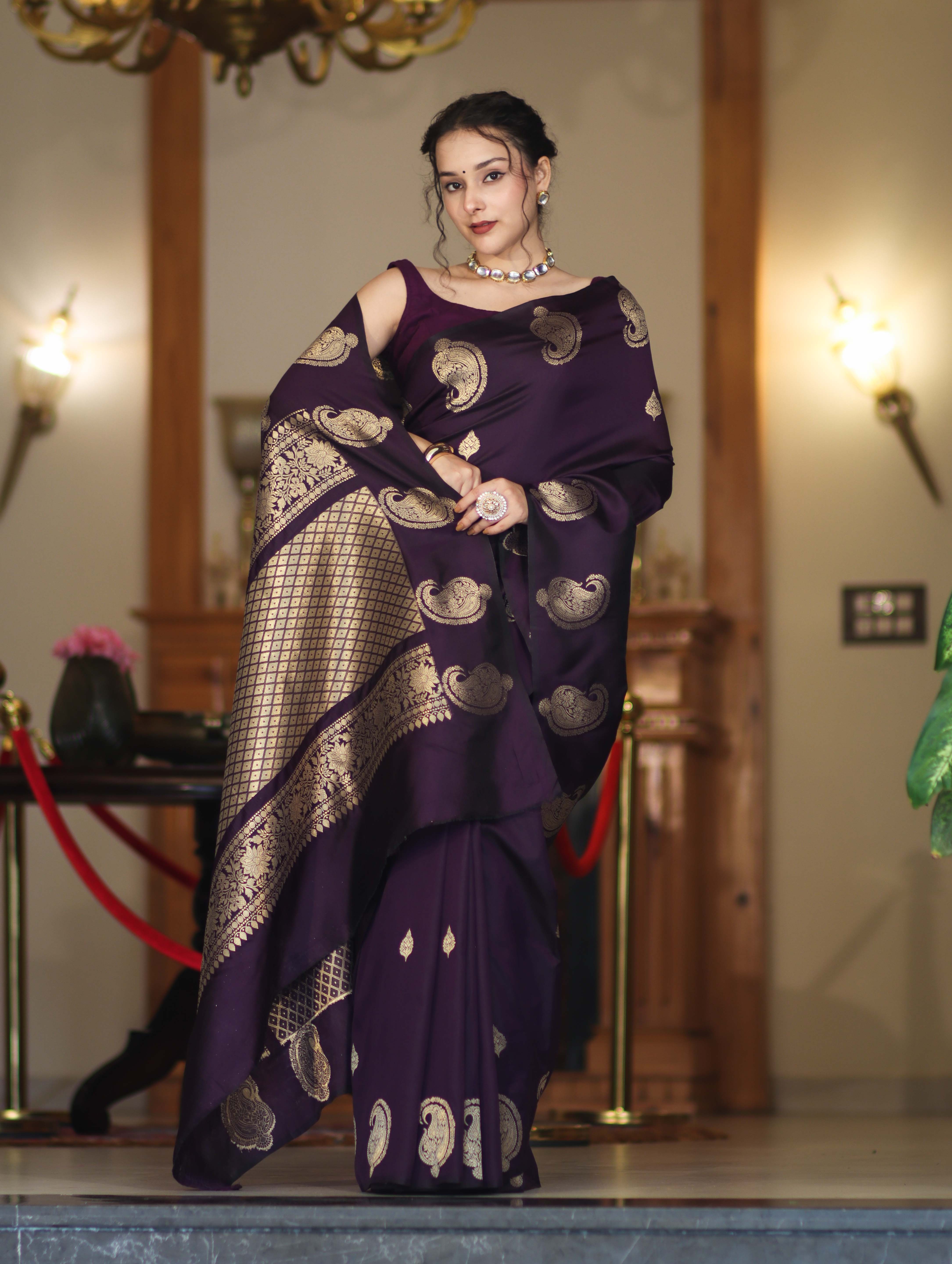 Banarasee Handloom Dual Tone Semi Silk Saree With Gold Zari Buta Design-Purple