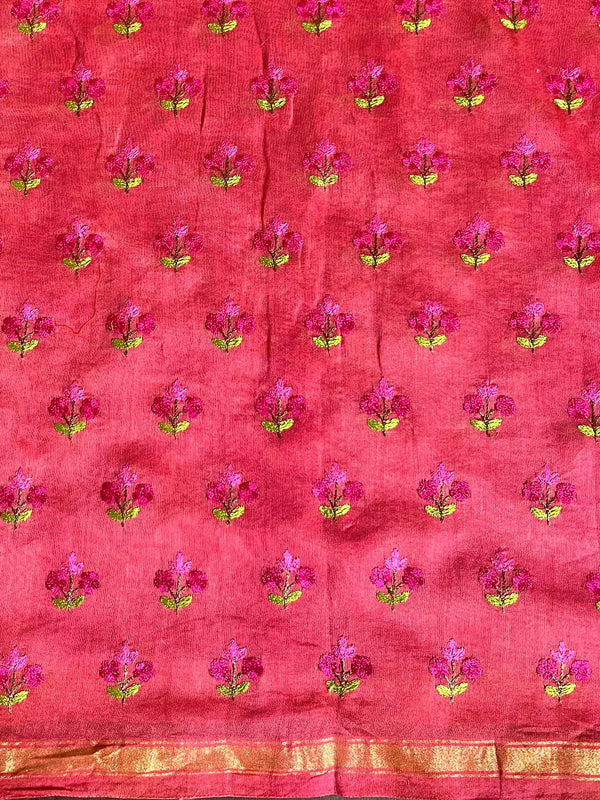 Banarasee Handloom Chanderi Shibori Dyed Saree With Embroidery Work-Pink