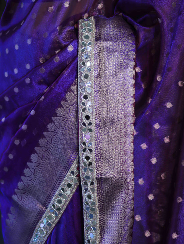 Banarasee Handloom Tissue Saree With Buti Design Zari Border & Lace-Violet