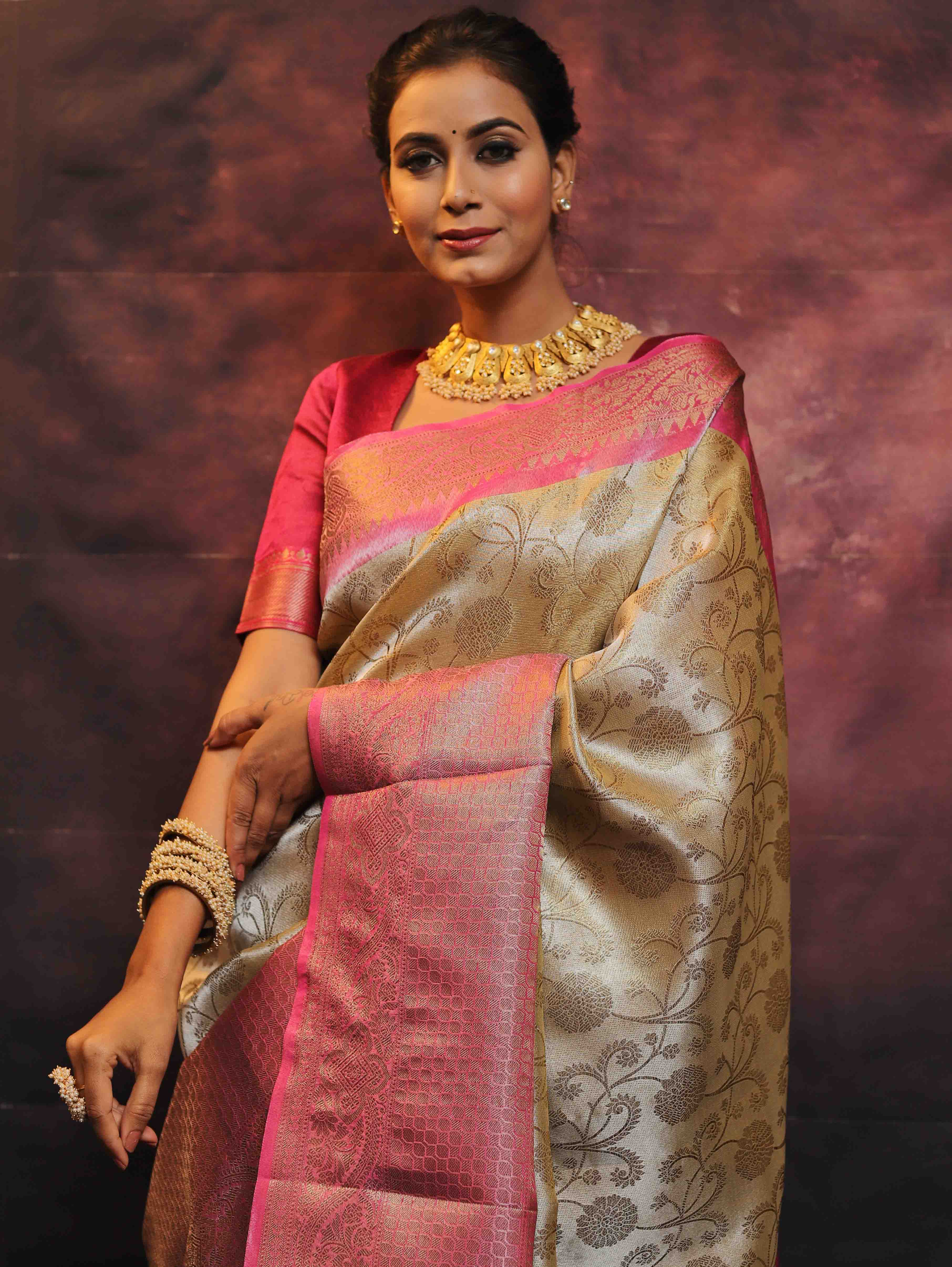 Banarasee Handwoven Broad Border Zari Jaal Design Tissue Saree-Gold & Pink