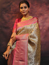 Banarasee Handwoven Broad Border Zari Jaal Design Tissue Saree-Gold & Pink