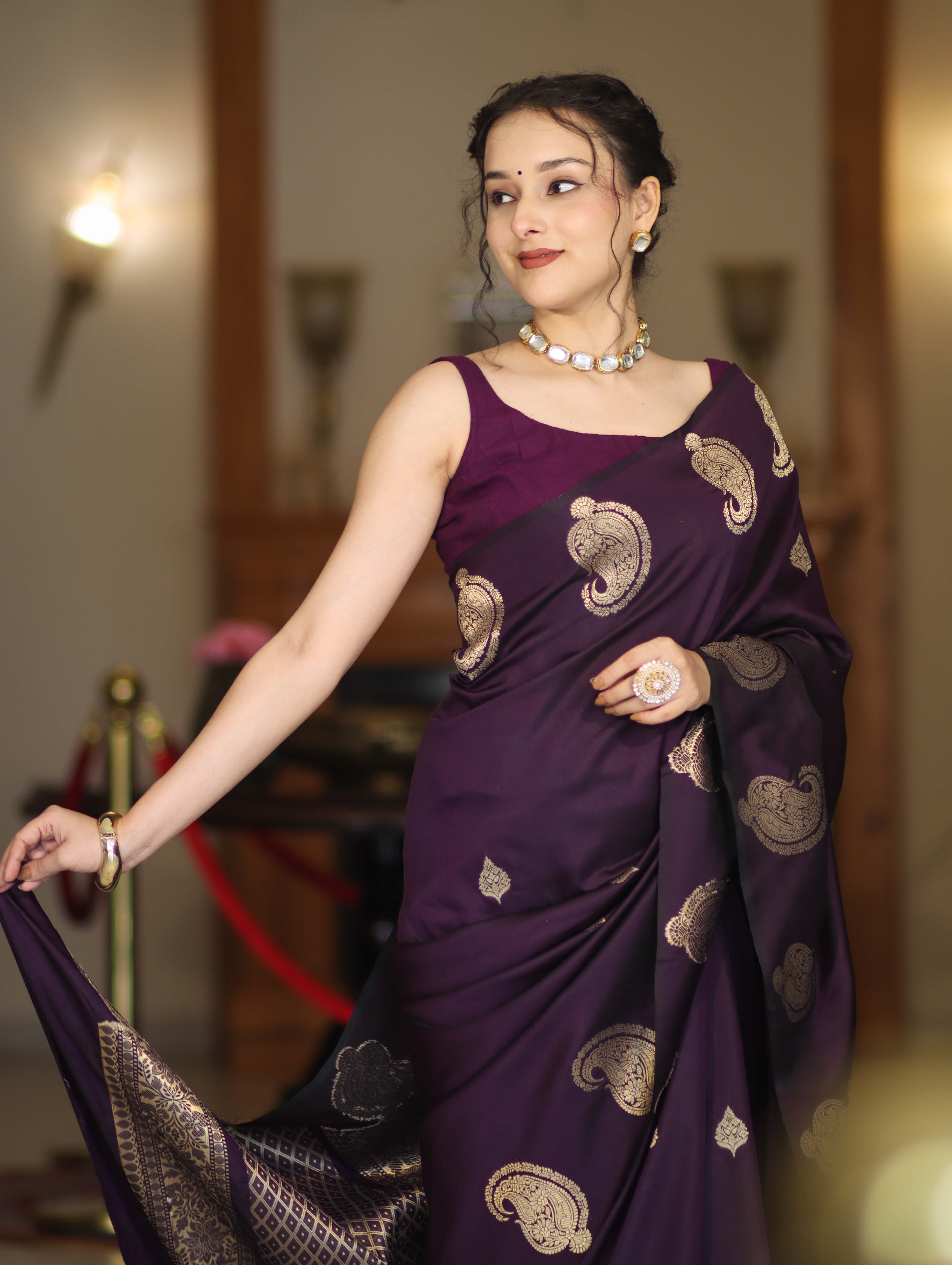 Banarasee Handloom Dual Tone Semi Silk Saree With Gold Zari Buta Design-Purple