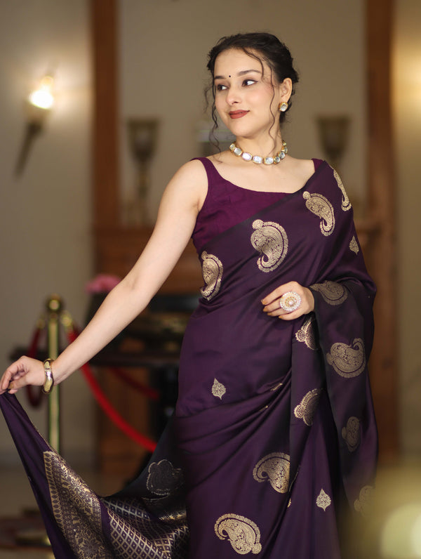 Banarasee Handloom Dual Tone Semi Silk Saree With Gold Zari Buta Design-Purple