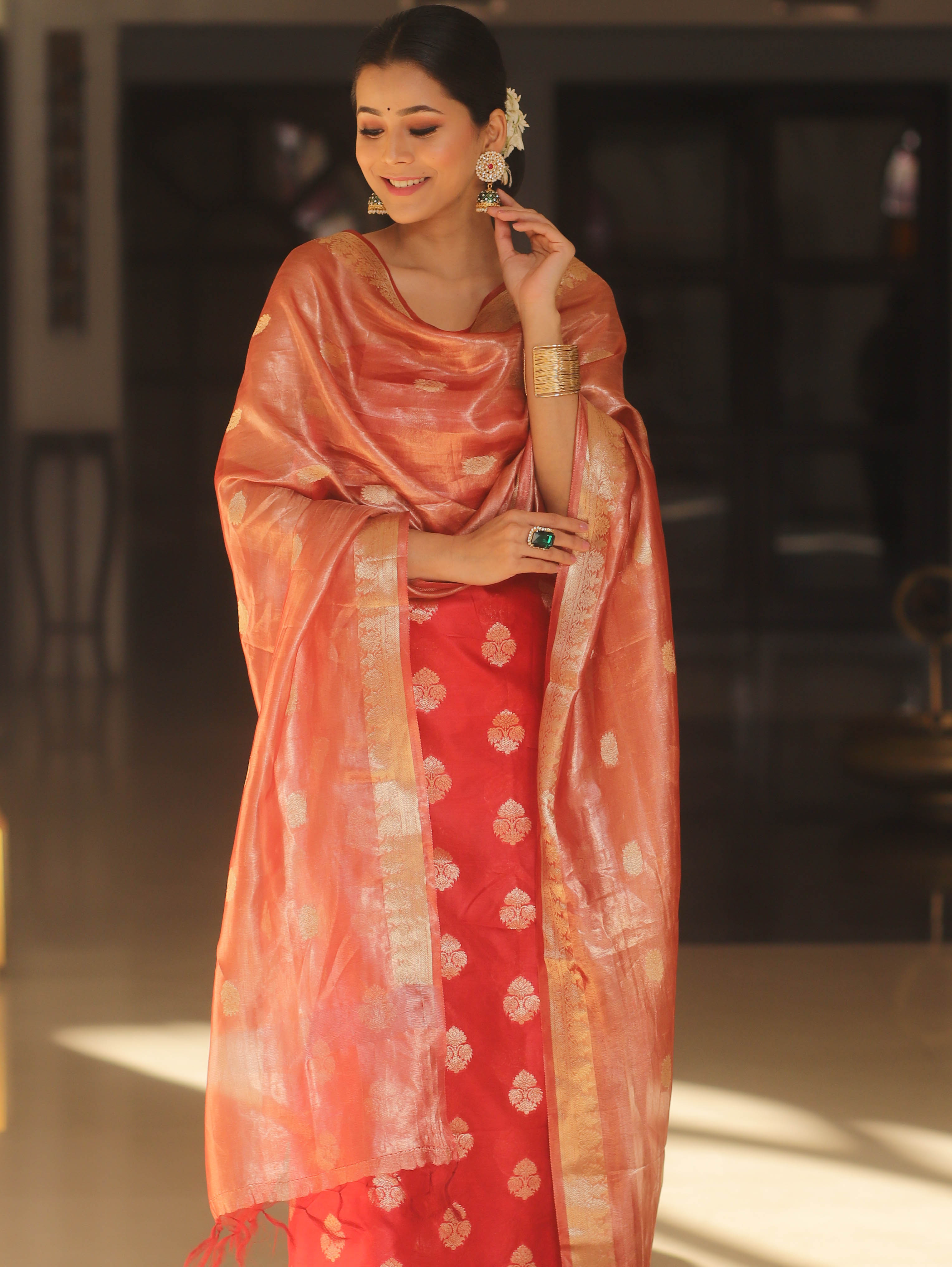 Banarasee Chanderi Zari Buti Salwar Kameez Fabric With Tissue Dupatta-Red