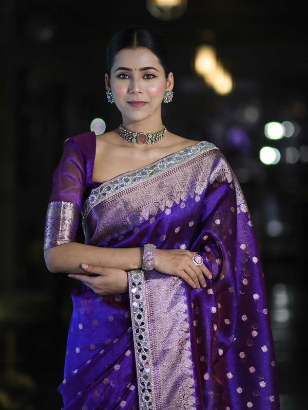 Banarasee Handloom Tissue Saree With Buti Design Zari Border & Lace-Violet