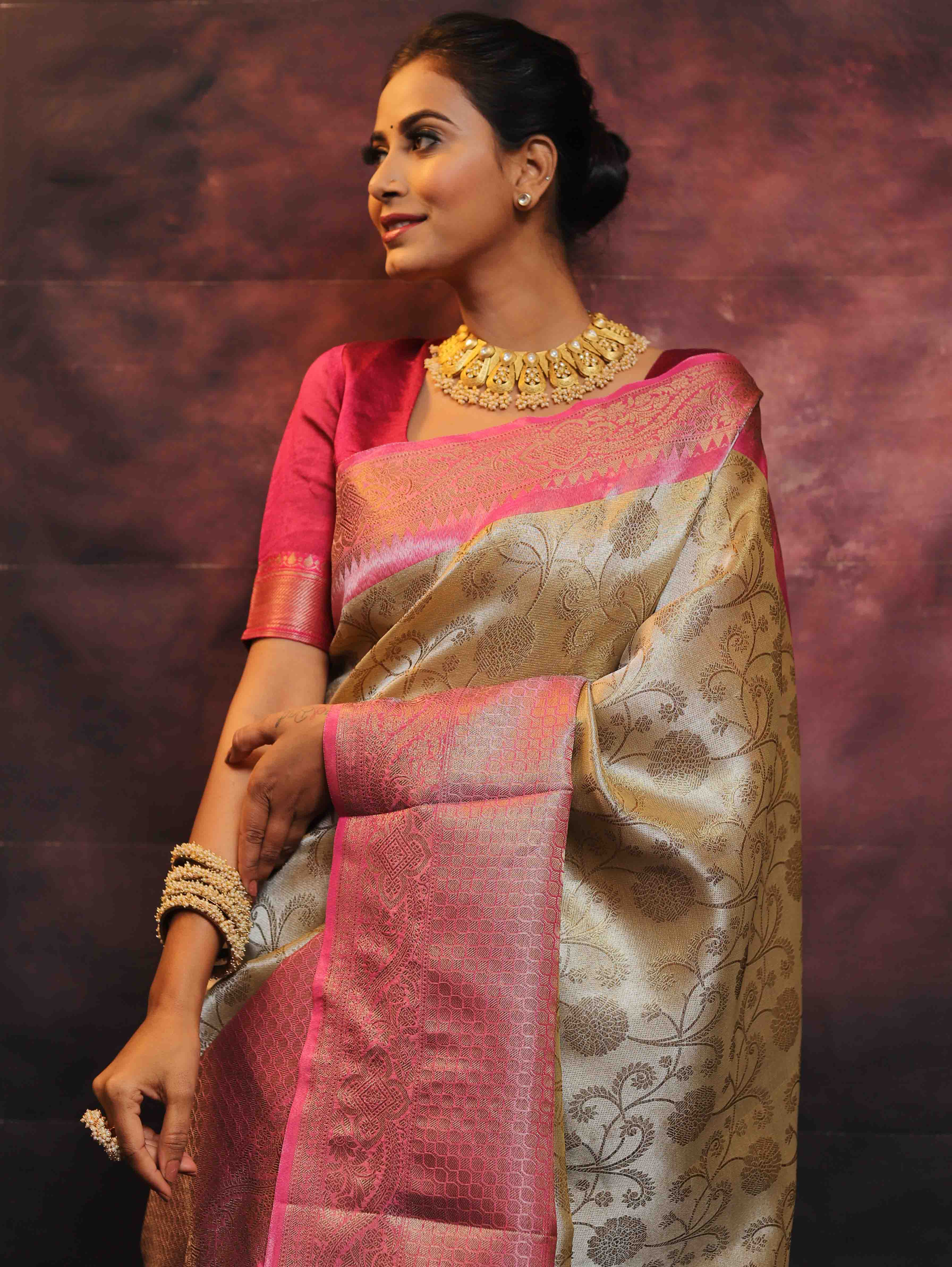 Banarasee Handwoven Broad Border Zari Jaal Design Tissue Saree-Gold & Pink