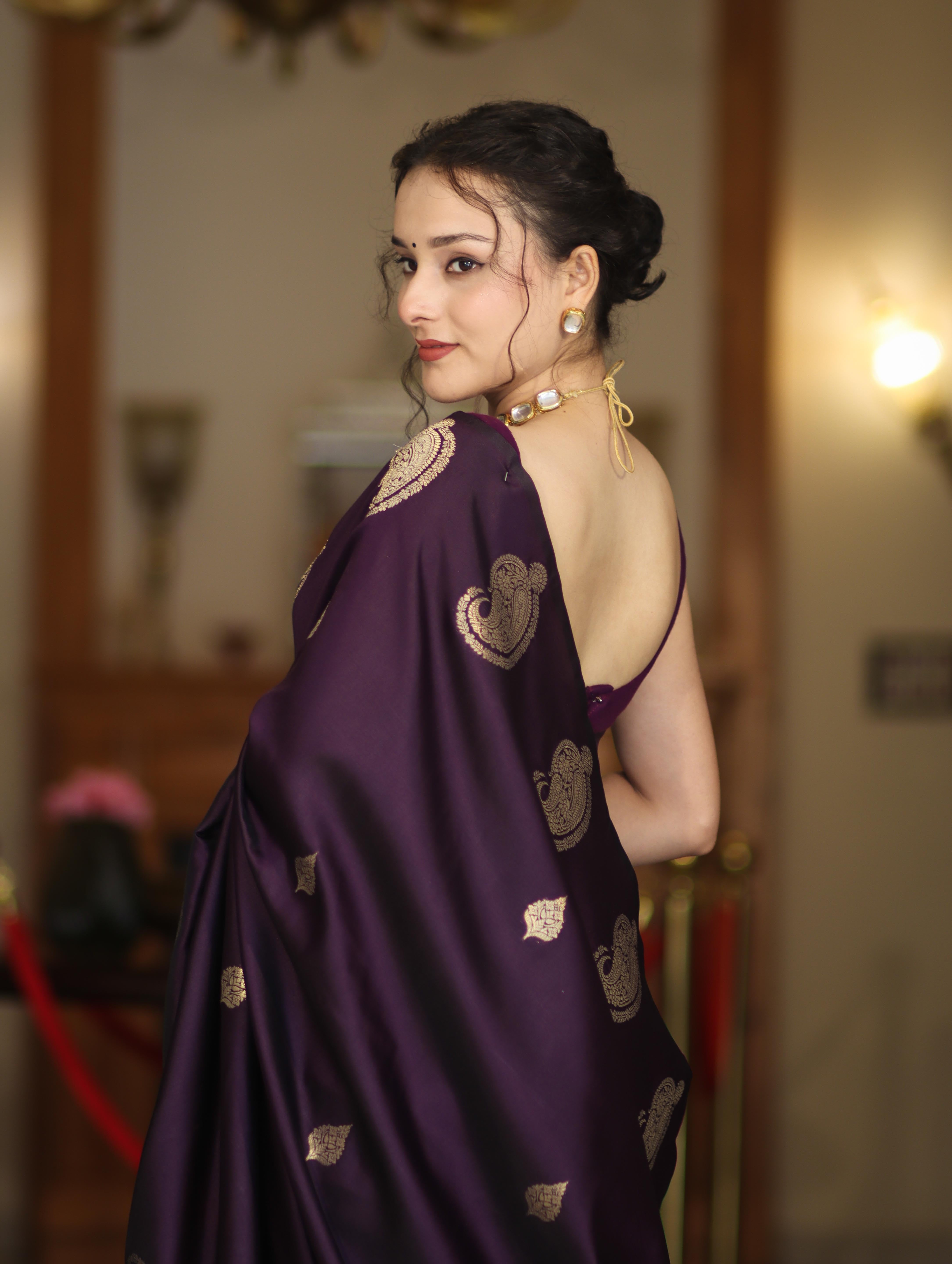 Banarasee Handloom Dual Tone Semi Silk Saree With Gold Zari Buta Design-Purple
