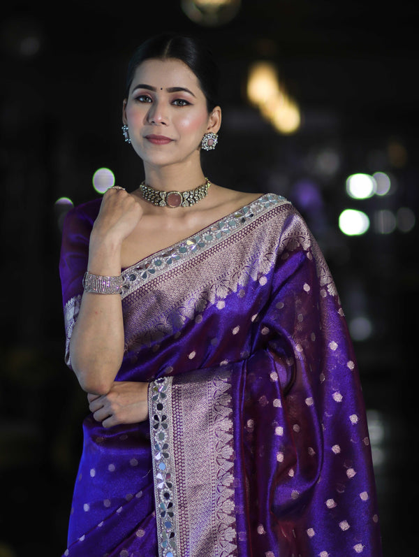 Banarasee Handloom Tissue Saree With Buti Design Zari Border & Lace-Violet