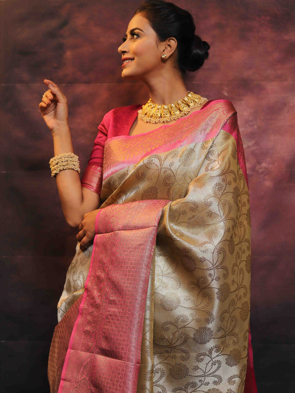 Banarasee Handwoven Broad Border Zari Jaal Design Tissue Saree-Gold & Pink