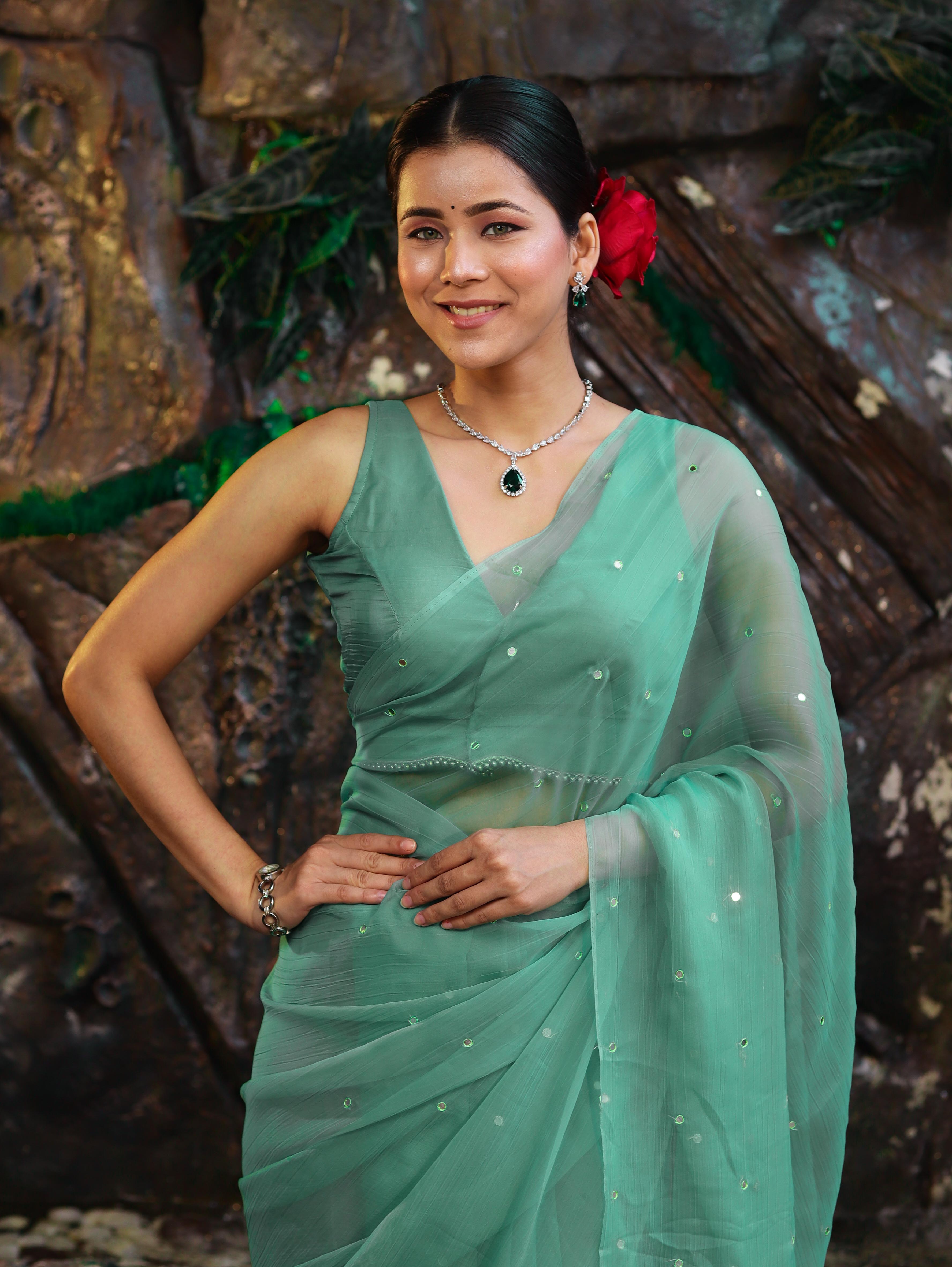 Banarasee Handwoven Semi Chiffon Saree With Mirror Work-Light Green