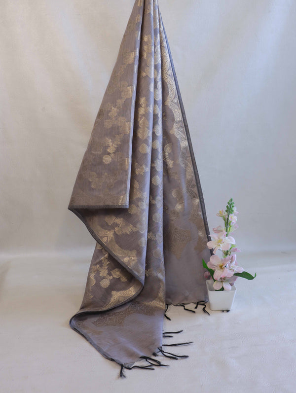 Banarasee Cotton Silk Dupatta With Zari Jaal Design-Grey