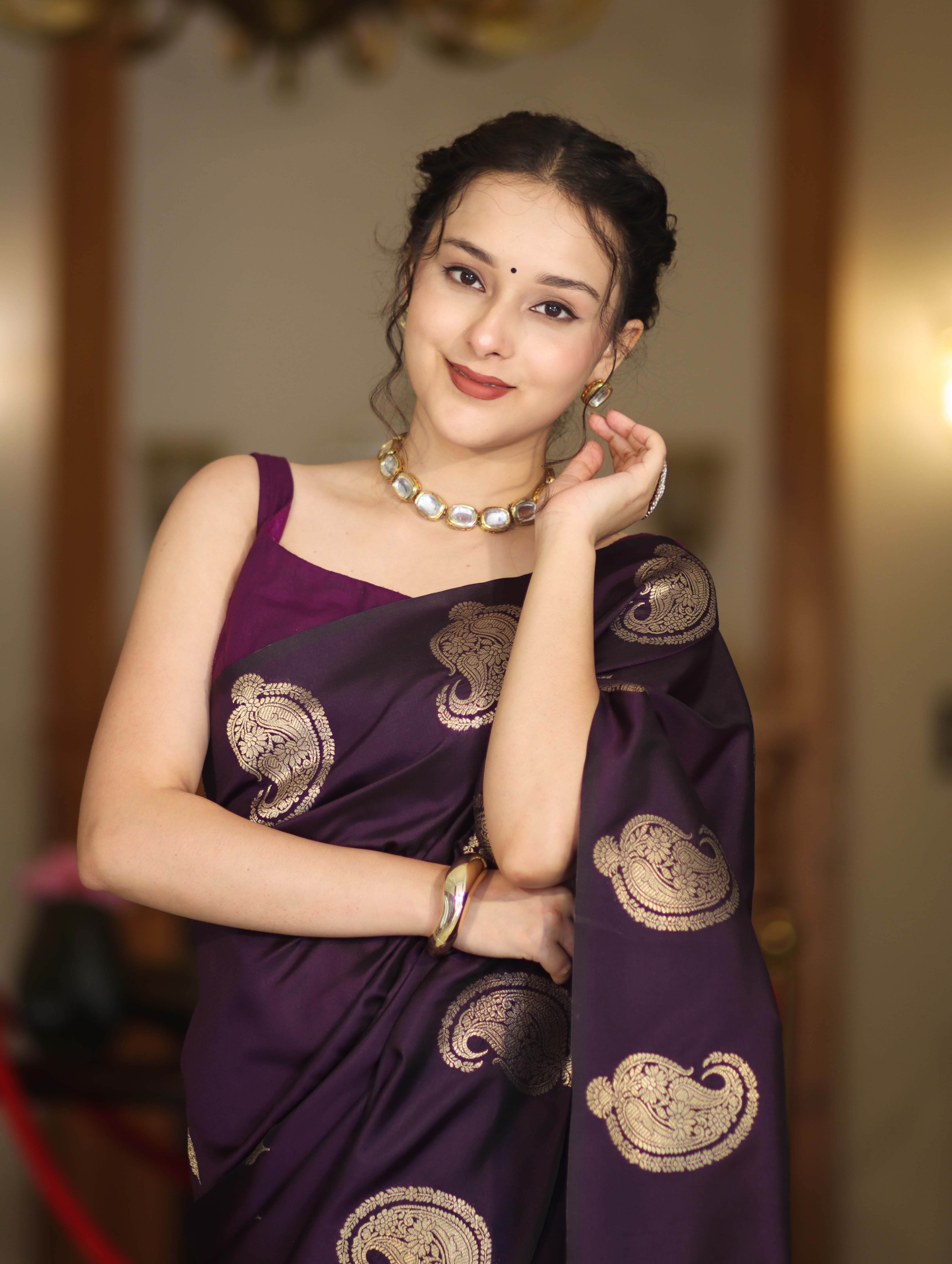 Banarasee Handloom Dual Tone Semi Silk Saree With Gold Zari Buta Design-Purple