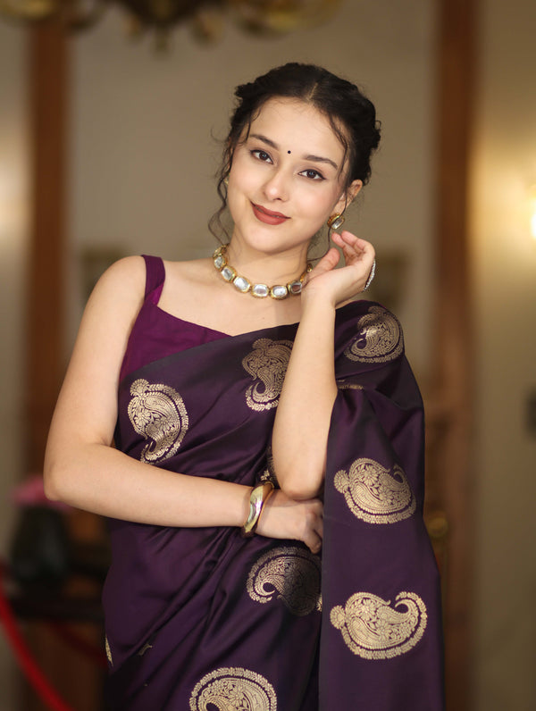 Banarasee Handloom Dual Tone Semi Silk Saree With Gold Zari Buta Design-Purple