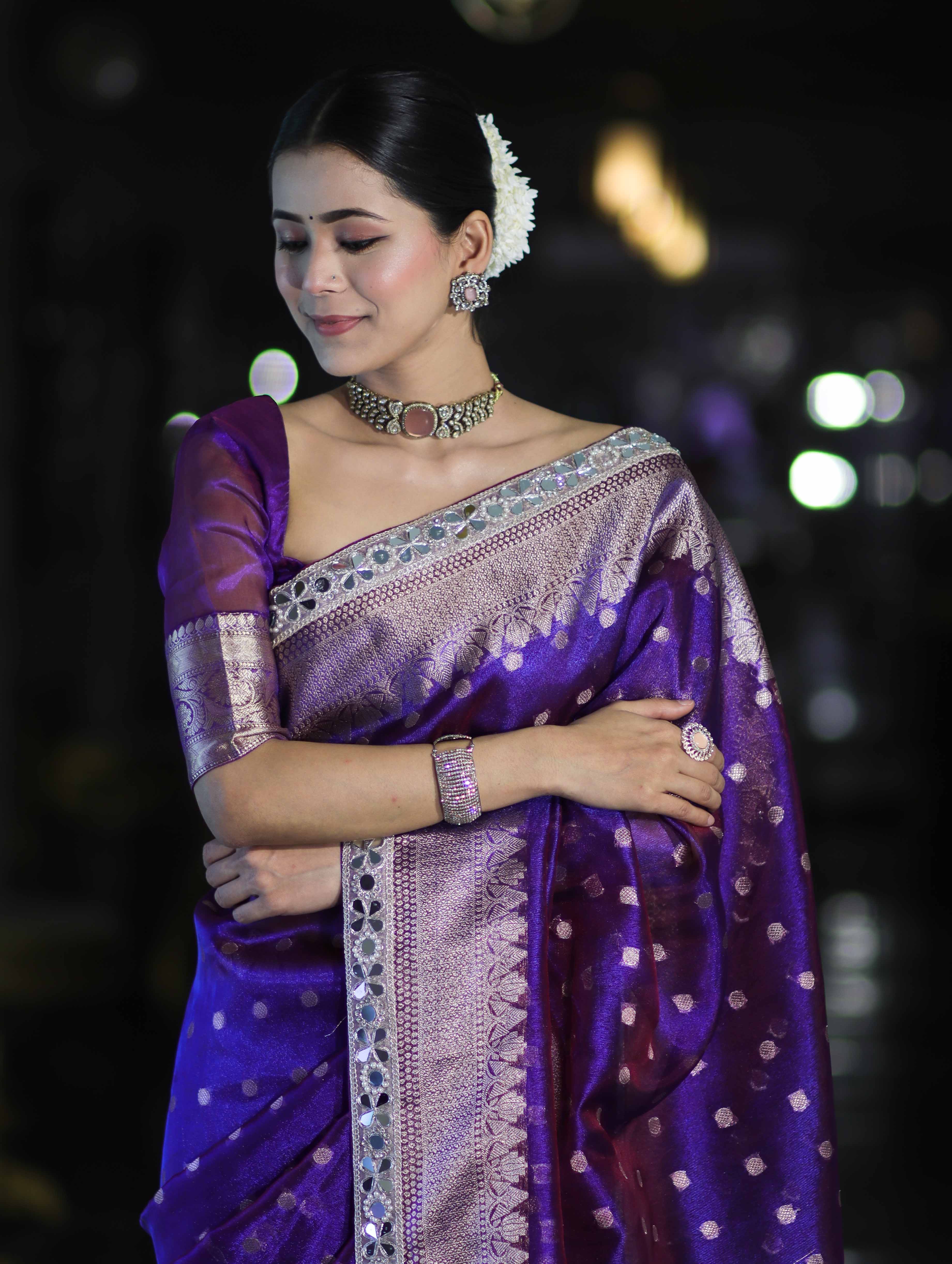Banarasee Handloom Tissue Saree With Buti Design Zari Border & Lace-Violet