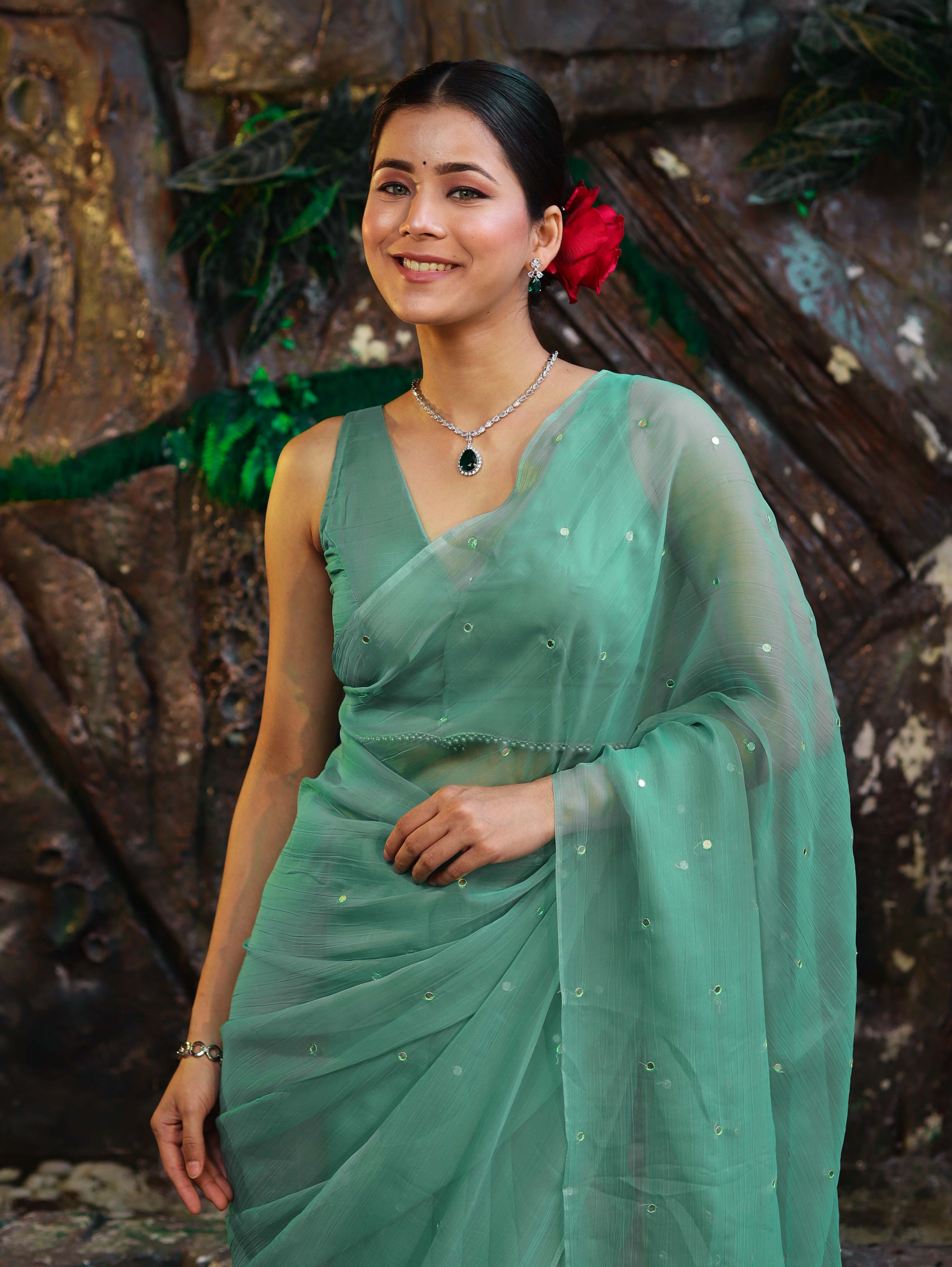 Banarasee Handwoven Semi Chiffon Saree With Mirror Work-Light Green
