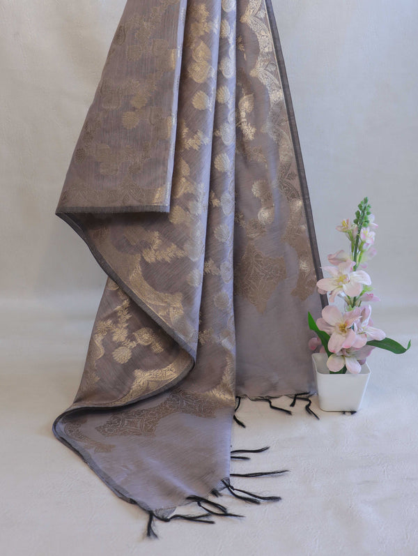 Banarasee Cotton Silk Dupatta With Zari Jaal Design-Grey
