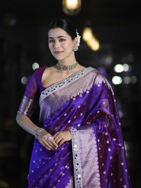 Banarasee Handloom Tissue Saree With Buti Design Zari Border & Lace-Violet