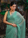 Banarasee Handwoven Semi Chiffon Saree With Mirror Work-Light Green