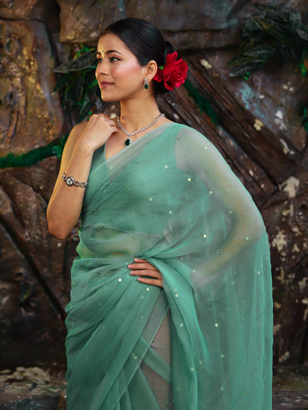 Banarasee Handwoven Semi Chiffon Saree With Mirror Work-Light Green