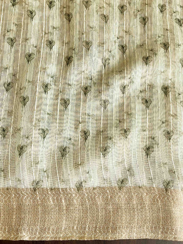 Banarasee Linen Cotton Digital Print Antique Zari Saree-Pastel Green