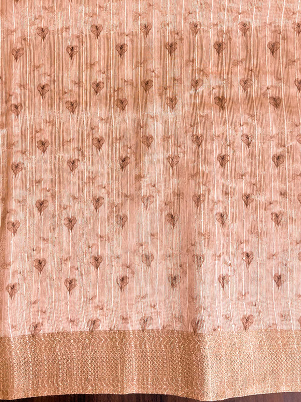 Banarasee Linen Cotton Digital Print Antique Zari Saree-Peach
