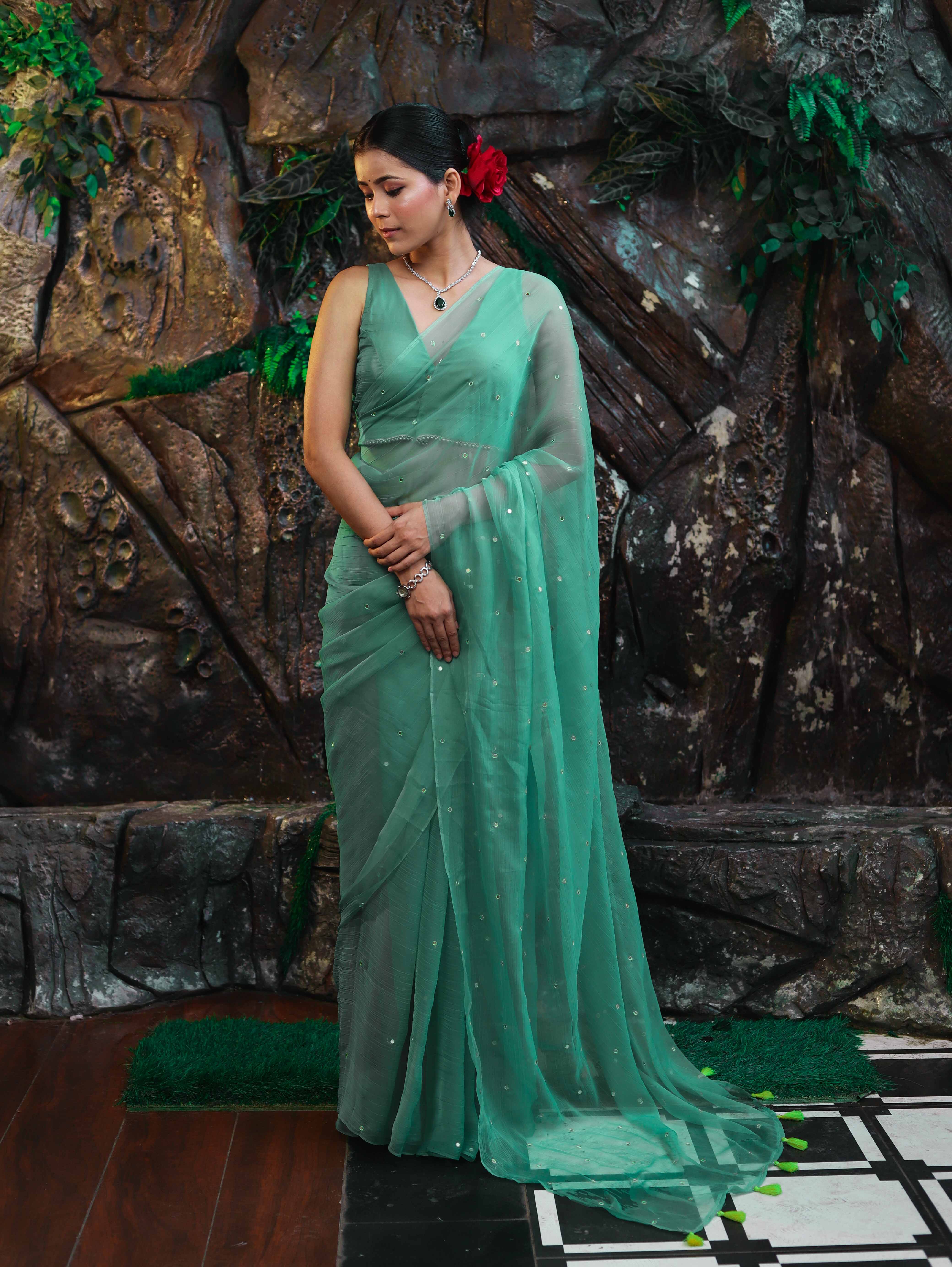 Banarasee Handwoven Semi Chiffon Saree With Mirror Work-Light Green