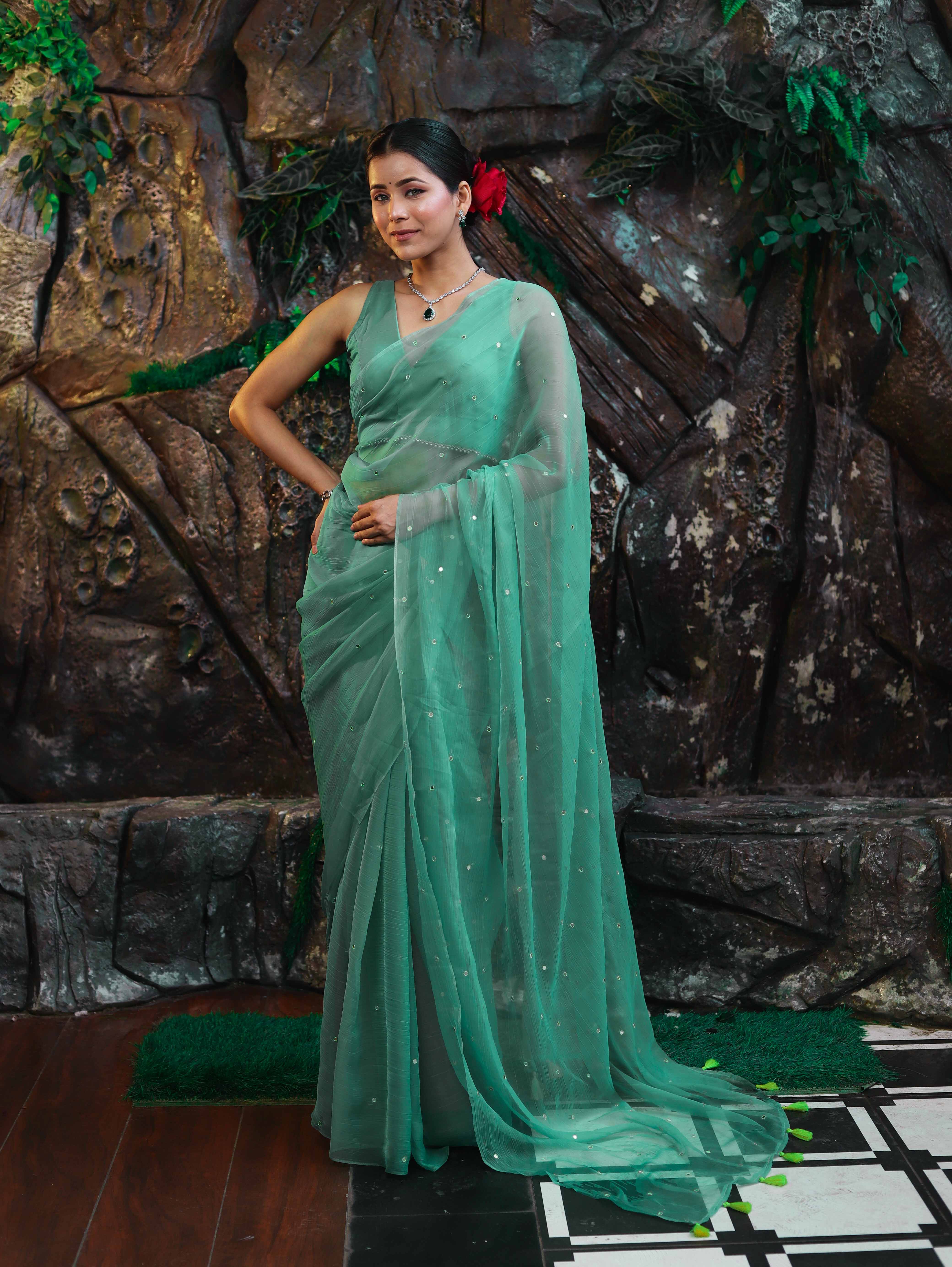 Banarasee Handwoven Semi Chiffon Saree With Mirror Work-Light Green