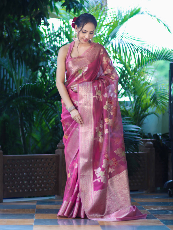 Banarasee Handloom Tissue Saree With Floral Zari Work & Border-Onion Pink