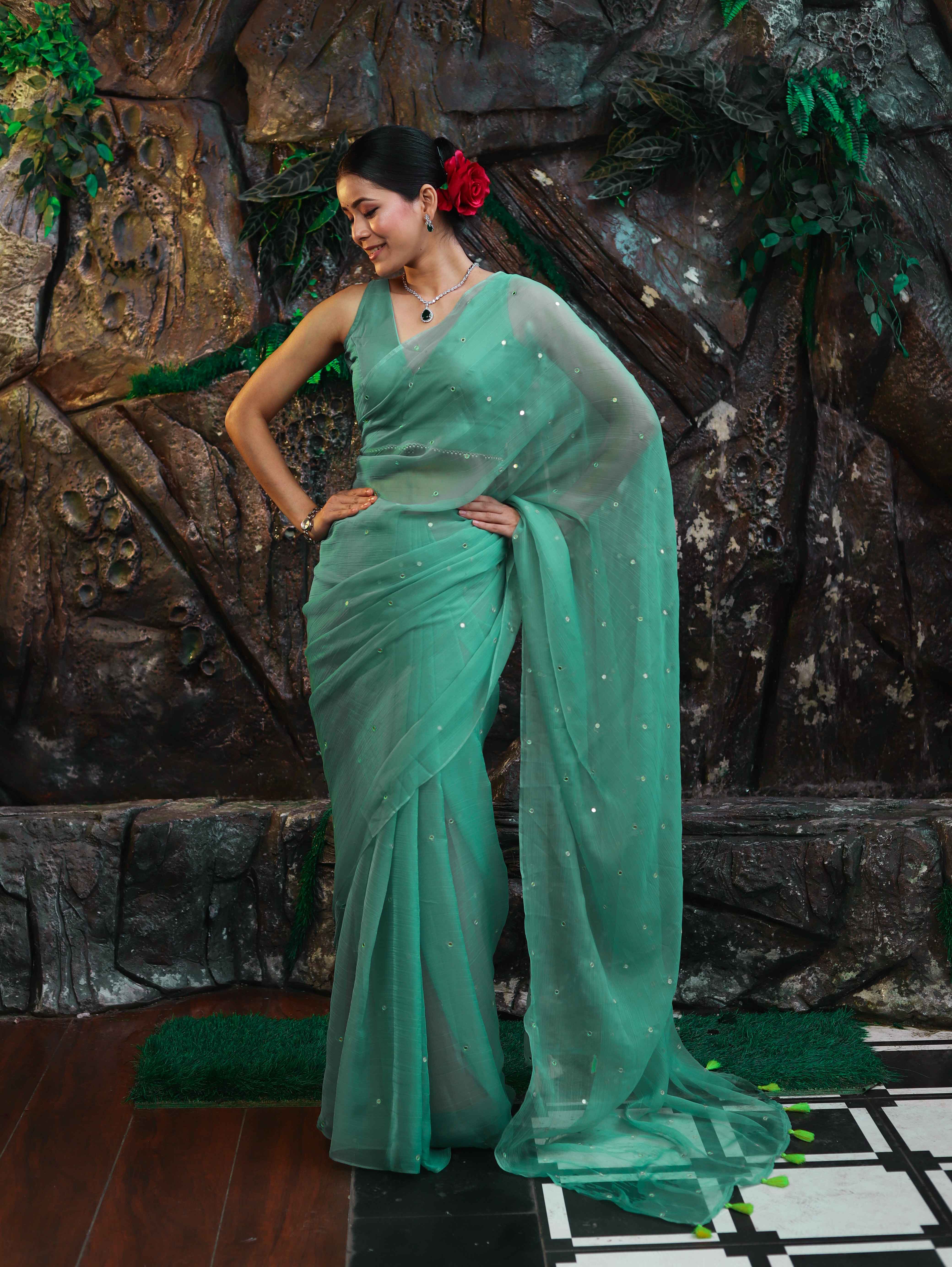 Banarasee Handwoven Semi Chiffon Saree With Mirror Work-Light Green