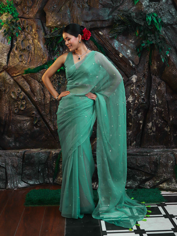 Banarasee Handwoven Semi Chiffon Saree With Mirror Work-Light Green