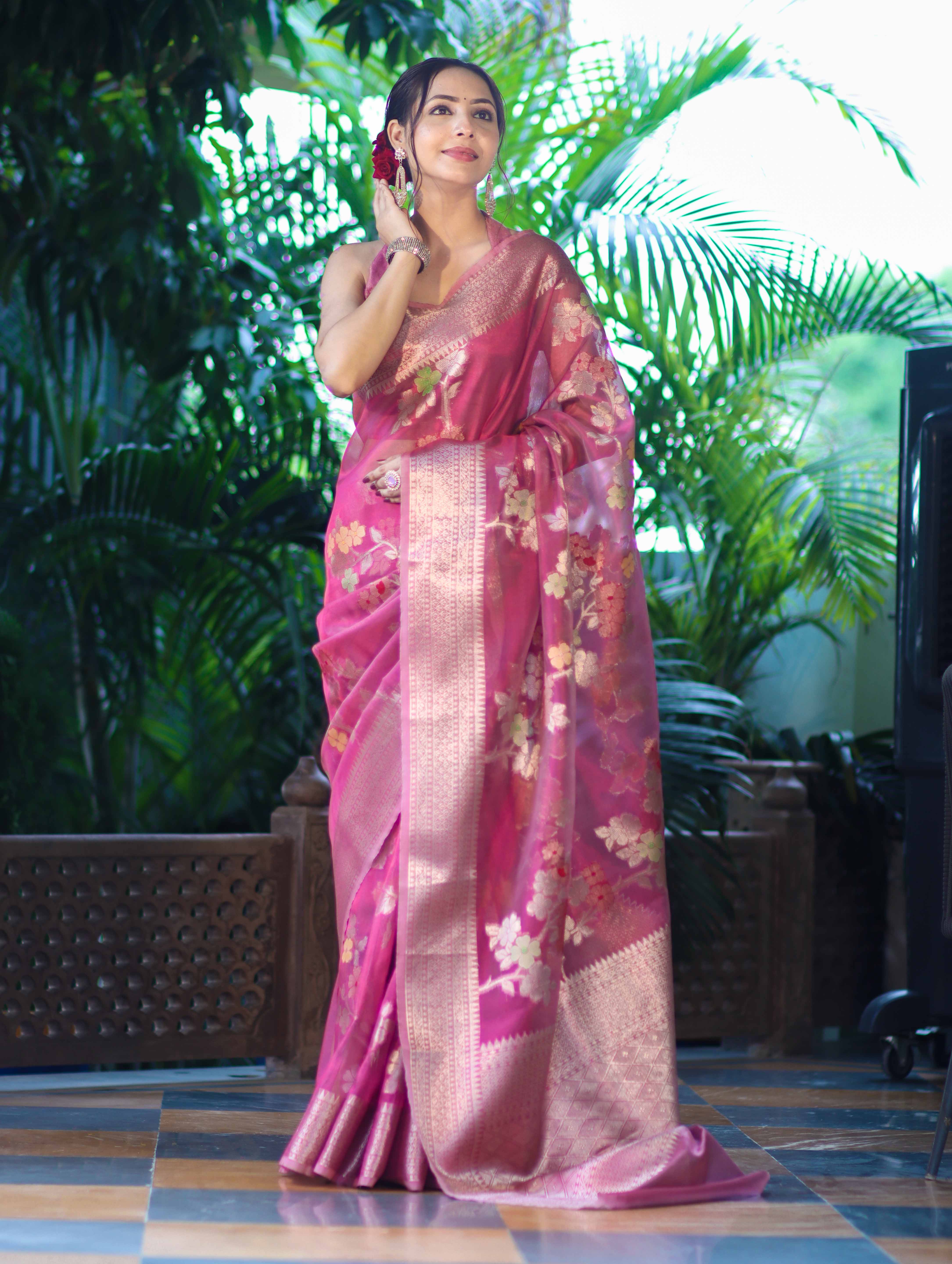 Banarasee Handloom Tissue Saree With Floral Zari Work & Border-Onion Pink