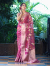 Banarasee Handloom Tissue Saree With Floral Zari Work & Border-Onion Pink