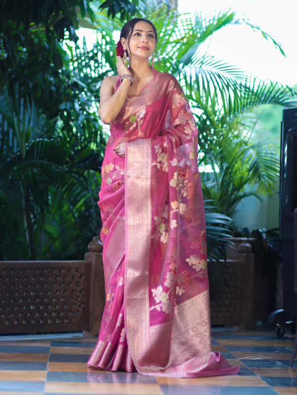 Banarasee Handloom Tissue Saree With Floral Zari Work & Border-Onion Pink