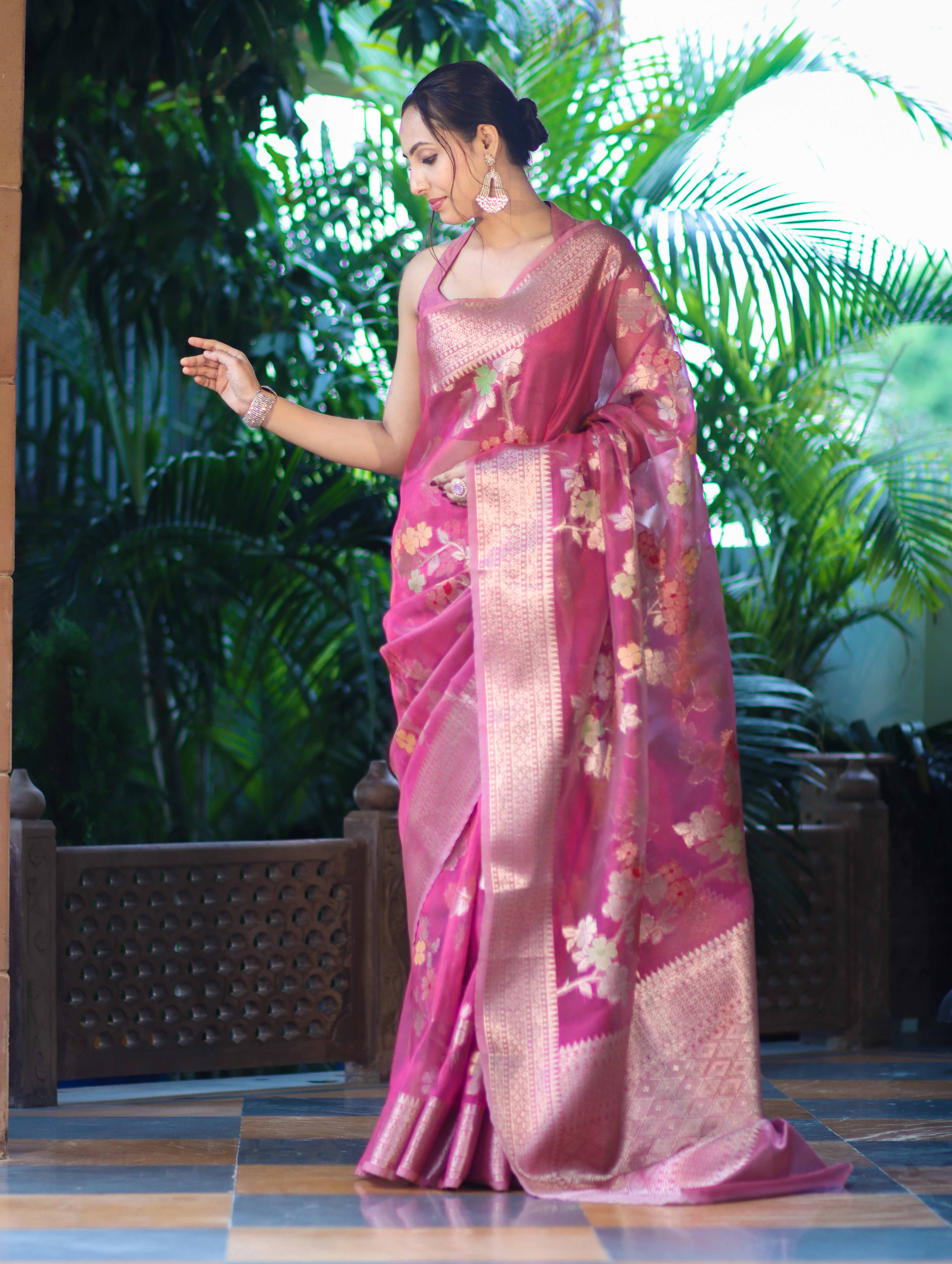 Banarasee Handloom Tissue Saree With Floral Zari Work & Border-Onion Pink