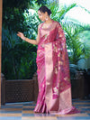 Banarasee Handloom Tissue Saree With Floral Zari Work & Border-Onion Pink