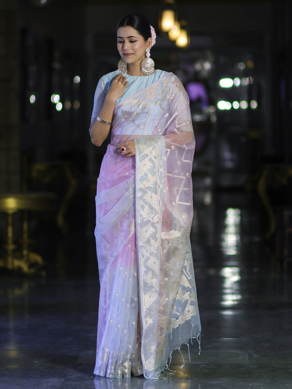 Banarasee Dual Color Organza Saree With Zari Jaal Design-Light Blue & Light Pink
