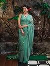 Banarasee Handwoven Semi Chiffon Saree With Mirror Work-Light Green