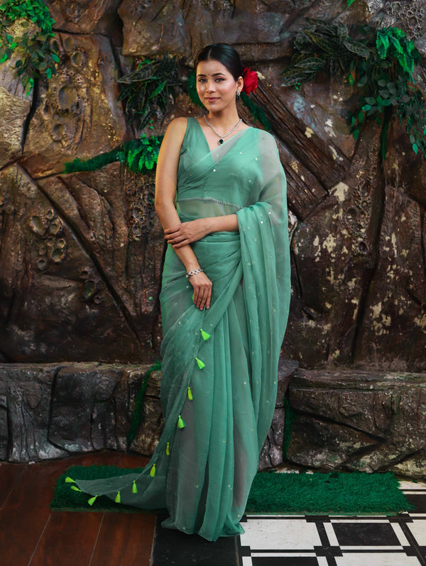 Banarasee Handwoven Semi Chiffon Saree With Mirror Work-Light Green