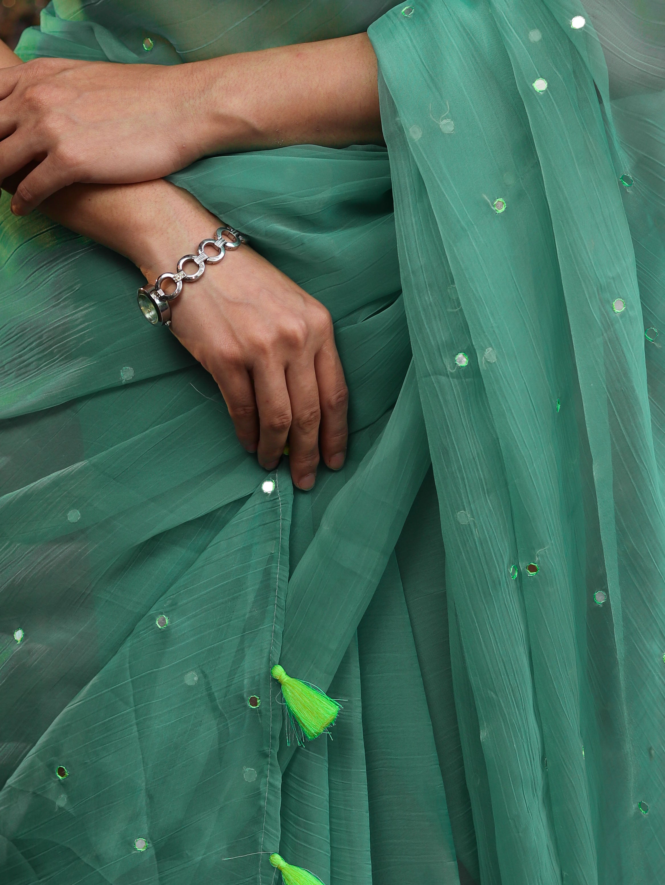 Banarasee Handwoven Semi Chiffon Saree With Mirror Work-Light Green